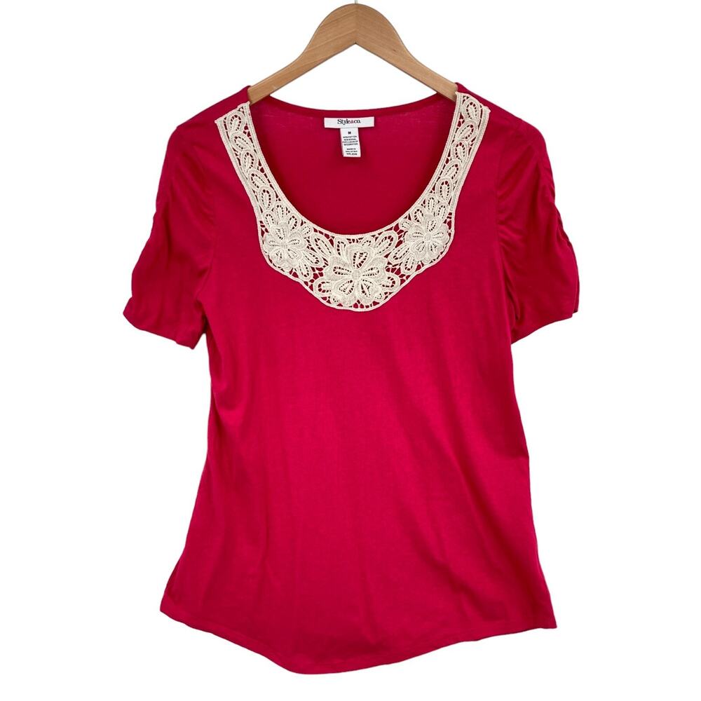 Style&co. Blouse Top Womens M Red Round Neck Lace Trim Short Sleeve Pullover
